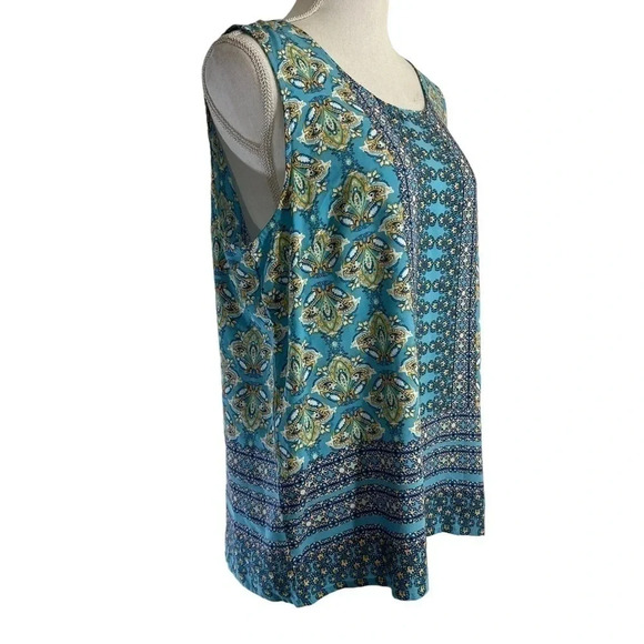 Soiree Floral Blouse Large Blue Yellow Sleeveless Tank Top Backside Button Up - Picture 4 of 5